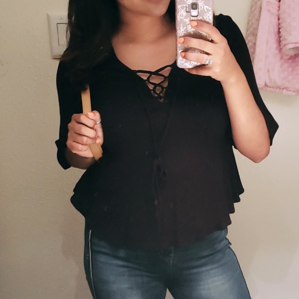 Black Boho Lace Up Top Blouse